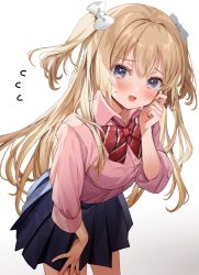 Rule 34 | 1girl, :d, black skirt, blonde hair, blue eyes, blush, bow, bowtie, breasts, collared shirt, commentary request, dress shirt, hair bow, hand on own cheek, hand on own face, hand on own thigh, highres, kanda done, leaning forward, long hair, long sleeves, looking at viewer, medium breasts, open mouth, original, pink shirt, pleated skirt, red bow, red bowtie, shirt, skirt, smile, solo, standing, striped bow, striped bowtie, striped clothes, striped neckwear, sweatdrop, two side up, very long hair, white bow
