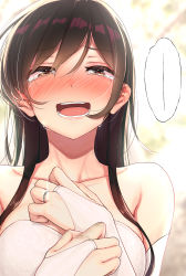 Rule 34 | 1girl, abmayo, bare shoulders, blush, breasts, brown eyes, brown hair, collarbone, crying, crying with eyes open, dress, elbow gloves, fingerless gloves, gloves, half-closed eyes, hand on own chest, happy, highres, jewelry, kanojo okarishimasu, long hair, looking at viewer, mizuhara chizuru, open mouth, ring, sleeveless, sleeveless dress, smile, solo, speech bubble, strapless, strapless dress, swept bangs, tears, upper body, wedding, wedding band, wedding dress, white dress, white gloves