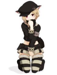 Rule 34 | 1girl, animal ears, armband, bad id, bad pixiv id, bag, between legs, black thighhighs, blonde hair, cat ears, character request, covering face, covering own mouth, covering privates, earrings, fur trim, grey thighhighs, hand between legs, hat, highres, jewelry, kneeling, koretin2525, piercing, red eyes, short hair, shorts, simple background, solo, striped clothes, striped thighhighs, thighhighs