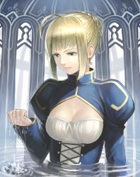 Rule 34 | 1girl, ahoge, artoria pendragon (fate), blonde hair, breasts, cleavage, dress, fate/stay night, fate/zero, fate (series), green eyes, k+, large breasts, saber (fate), solo, submerged, water