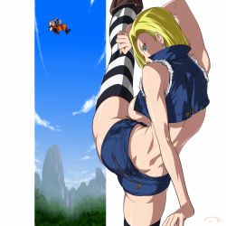 Rule 34 | 1boy, 1girl, android 18, ass, back, bare shoulders, blonde hair, blood, breasts, day, denim, denim shorts, dimples of venus, dragon ball, dragonball z, earrings, flexible, forest, highres, jewelry, kicking, kuririn, large breasts, legs, mountain, nature, no bra, no panties, no shirt, open mouth, short shorts, shorts, sideboob, sky, split, standing, standing on one leg, striped clothes, striped thighhighs, suna (sandworks), thighhighs, zipper
