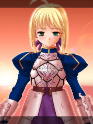 Rule 34 | 00s, 1girl, ahoge, armor, armored dress, artoria pendragon (fate), blonde hair, blue dress, bow, braid, copyright name, dress, earrings, english text, fate/stay night, fate (series), gauntlets, hair bow, jewelry, lens flare, saber (fate), short hair, smile, solo, sunlight, upper body, yoshida inuhito