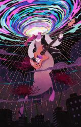 Rule 34 | 1girl, abstract, barefoot, bass guitar, black nails, bocchi the rock!, bow, braid, chromatic aberration, cityscape, cloud, cloudy sky, cropped head, dress, floating, flower, green dress, hair bow, hair over shoulder, highres, hiroi kikuri, holding, holding instrument, holding plectrum, instrument, jacket, long dress, long hair, long sleeves, music, nail polish, namiki kazama, open clothes, open jacket, playing instrument, plectrum, purple hair, single braid, sky, solo, spider lily, toenail polish, toenails