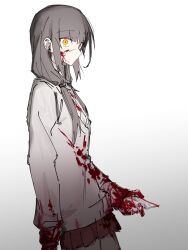 asakura_karen_(heaven_burns_red) black_hair blood blood_on_clothes blood_on_face blood_on_hands blunt_bangs heaven_burns_red highres long_hair looking_at_viewer sidelocks skirt sweater_vest wuubaiwan yellow_eyes