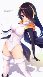 Rule 34 | 10s, 1girl, :o, arched back, bad id, bad pixiv id, bird tail, black footwear, black jacket, blush, boots, breasts, breath, brown eyes, character name, covered navel, drawstring, emperor penguin (kemono friends), fukai ryosuke, groin, hair over one eye, headphones, jacket, kemono friends, knee boots, large breasts, legs apart, leotard, long hair, looking at viewer, multicolored hair, open clothes, open jacket, open mouth, purple hair, red hair, shadow, skin tight, solo, spread fingers, standing, streaked hair, tail, thighs, white legwear, white leotard