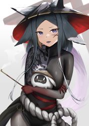 Rule 34 | 1girl, absurdres, animal ears, arms under breasts, black bodysuit, black hat, blue hair, bodysuit, breasts, colored skin, colored tongue, covered navel, cowboy shot, creature, dyarikku (vtuber), ears through headwear, hat, highres, holding, holding creature, holding smoking pipe, large breasts, long hair, looking at viewer, multicolored hair, open mouth, parted bangs, purple eyes, purple tongue, red skin, rope, sidelocks, skai kun, smoking pipe, solo, standing, streaked hair, tail, tail raised, very long hair, virtual youtuber, vyugen, white hair