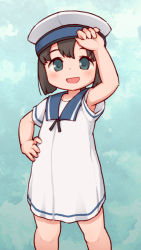 Rule 34 | 1girl, arm up, black hair, blue background, blue eyes, blue sailor collar, blush, daitou (kancolle), dress, hand on own hip, hat, kantai collection, lasto, looking at viewer, open mouth, sailor collar, sailor dress, sailor hat, short sleeves, simple background, solo, white dress, white hat