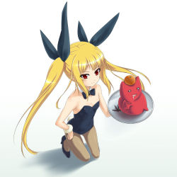 Rule 34 | 1girl, arc system works, bare shoulders, blazblue, blonde hair, bow, bowtie, breasts, brown pantyhose, cleavage, detached collar, gii, hair ribbon, hand on own hip, high heels, kneeling, leotard, long hair, pantyhose, playboy bunny, rabbit tail, rachel alucard, red eyes, ribbon, s-no, shoes, sitting, slit pupils, small breasts, smile, tail, tray, twintails, wrist cuffs