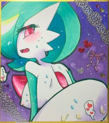 Rule 34 | 1girl, absurdres, blush, bob cut, breasts, colored skin, creatures (company), cum, cum on body, game freak, gardevoir, gen 3 pokemon, green hair, green skin, heart, highres, looking back, multicolored skin, nintendo, nipples, pink ribbon, pokemon, pokemon (creature), ribbon, shiratsuki (royal moon), sweat, traditional media, two-tone skin, white skin