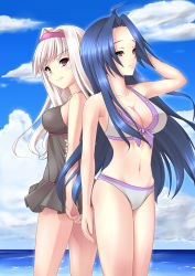 Rule 34 | 2girls, back-to-back, bad id, bad pixiv id, bikini, blue hair, breasts, casual one-piece swimsuit, cleavage, front-tie top, hairband, highres, idolmaster, idolmaster (classic), ishibashi, large breasts, long hair, miura azusa, multiple girls, one-piece swimsuit, red eyes, shijou takane, silver hair, swimsuit