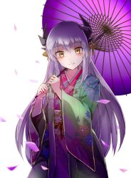 Rule 34 | 1girl, blush, fate/grand order, fate (series), floating hair, hair between eyes, hair ornament, highres, holding, holding umbrella, horns, japanese clothes, kimono, kiyohime (fate), long hair, looking at viewer, mebiri, obi, purple umbrella, sash, silver hair, simple background, smile, solo, standing, umbrella, very long hair, white background, yellow eyes, yukata