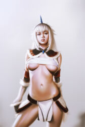 Rule 34 | 1girl, bandeau, bare shoulders, bita (vaderc), black gloves, blue eyes, breasts, contrapposto, cowboy shot, fur trim, gloves, grey background, grey hair, highres, horns, kirin (armor), loincloth, long hair, looking at viewer, medium breasts, monster hunter (series), navel, parted lips, realistic, revealing clothes, simple background, single horn, solo, teeth, underboob