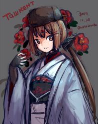 Rule 34 | 1girl, alternate costume, belt, black bow, black headwear, blush, bow, brown eyes, brown hair, closed mouth, cyrillic, dated, fingerless gloves, flower, fur hat, gloves, grey background, hair bow, hair ornament, hairclip, hat, japanese clothes, kantai collection, kimono, long hair, long sleeves, looking at viewer, low twintails, obi, one-hour drawing challenge, papakha, red flower, sash, simple background, star (symbol), tashkent (kancolle), twintails, twitter username, wss (nicoseiga19993411)