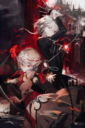 Rule 34 | 2girls, arm up, between fingers, black gloves, black shirt, blue eyes, braid, closed mouth, commentary request, detached sleeves, dress, feet out of frame, fingerless gloves, gloves, goth fashion, grey hair, hand on own chest, hat, highres, holding, holding knife, izayoi sakuya, knife, knives between fingers, koumajou densetsu, kumatangent, long hair, long sleeves, looking at viewer, medium hair, mob cap, multiple girls, pocket watch, red eyes, red nails, red sash, remilia scarlet, sash, scarlet devil mansion, shirt, sleeve cuffs, smile, striped clothes, striped shirt, touhou, twin braids, vertical-striped clothes, vertical-striped shirt, watch, white dress, white headwear