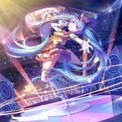 Rule 34 | 1girl, :d, absurdres, aqua hair, argyle, argyle clothes, argyle legwear, armband, bow, concert, crowd, gloves, glowstick, hair bow, hand up, hatsune miku, headset, highres, long hair, musical note, musical note print, night, night sky, open mouth, purple eyes, red bow, red skirt, reflection, skirt, sky, smile, solo, speaker, stadium, stage, stage lights, star (sky), star (symbol), starry sky, television, thighhighs, twintails, very long hair, vocaloid, white footwear, white gloves, white thighhighs, yue yue
