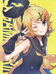 Rule 34 | 1girl, black bow, black dress, black gloves, black sailor collar, blonde hair, bow, closed mouth, commentary request, dress, drop shadow, fingerless gloves, gloves, green eyes, hair bow, hair ornament, hand up, head tilt, headphones, highres, kagamine rin, light blush, looking at viewer, medium hair, neckerchief, sailor collar, sleeveless, sleeveless dress, smile, solo, sour model (mikumikudance), suama (haruichi), swept bangs, upper body, v-shaped eyebrows, vocaloid, w, x hair ornament, yellow background, yellow neckerchief