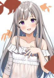 Rule 34 | 1girl, :d, absurdres, bandaged arm, bandages, bandaid, bandaid on arm, bandaid on face, bandaid on forehead, bare shoulders, blush, breasts, collarbone, fish, hand on own chest, highres, idolmaster, idolmaster shiny colors, long hair, looking at viewer, off shoulder, osaki tenka, open mouth, purple eyes, see-through, silver hair, simple background, small breasts, smile, solo, wanimaru, white background, yukoku kiriko