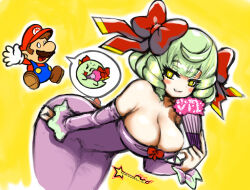 Rule 34 | 1boy, 1girl, awesomeerix, bare shoulders, blue overalls, blush, bow, bow (paper mario), breasts, brown hair, cleavage, closed mouth, dress, facial hair, fang, feather fan, ghost, gloves, hair bow, hand fan, hat, highres, humanization, large breasts, leaning forward, light green hair, long sleeves, mario, mario (series), mustache, nintendo, off-shoulder dress, off shoulder, open mouth, overalls, paper mario, paper mario 64, purple dress, red headwear, short hair, smile, speech bubble, surprised, white gloves, yellow eyes