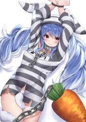 Rule 34 | 1girl, absurdres, arms up, blue hair, blush, bottomless, bound, bound wrists, breasts, carrot, chain, commentary request, cuffs, don-chan (usada pekora), handcuffs, hat, higashigure, highres, hololive, long hair, looking at viewer, medium breasts, messy hair, orange eyes, prison clothes, rabbit girl, rabbit tail, shirt, sidelocks, simple background, solo, striped clothes, striped shirt, tail, tail censor, twintails, usada pekora, usada pekora (prisoner), virtual youtuber