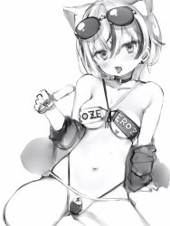 Rule 34 | 1girl, arm support, bad id, bad pixiv id, bare shoulders, bikini, blush, breasts, choker, earrings, eyewear on head, fingernails, food, greyscale, hair between eyes, hand up, head tilt, heart, highres, holding, jacket, jewelry, looking at viewer, medium breasts, medium hair, monochrome, multi-strapped bikini, nail polish, nanashi (nlo), navel, open mouth, popsicle, simple background, solo, sunglasses, swimsuit, tsumugine rei, underboob, virtual youtuber, white background, zero project