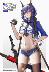 Rule 34 | 1girl, absurdres, arknights, blue hair, breasts, card, ch&#039;en (after storm) (arknights), ch&#039;en (arknights), chi xiao (arknights), clothes lift, collared shirt, cowboy shot, denim, denim shorts, dragon girl, dragon horns, dragon tail, fingerless gloves, gloves, hand on own hip, hand up, highres, holding walkie-talkie, horns, long hair, medium breasts, midriff, navel, necktie, official alternate costume, open fly, pants, playing card, red eyes, red necktie, shirt, shirt lift, short shorts, shorts, simple background, single glove, sword, tail, thighhighs, torn clothes, torn pants, torn thighhighs, two of hearts, underboob, walkie-talkie, weapon, yat (tsmn7245)