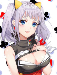 Rule 34 | 1girl, :d, al (ahr), blue eyes, blush, breasts, cleavage, cleavage cutout, clothing cutout, kaguya luna, large breasts, looking at viewer, obi, open mouth, sash, short hair, silver hair, sleeveless, smile, solo, the moon studio, twintails, upper body, virtual youtuber