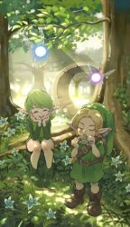 Rule 34 | 1boy, 1girl, blonde hair, brown footwear, character request, child, closed eyes, clover, commentary, commentary request, dappled sunlight, day, fairy, fairy wings, fantasy, forest, fujiwara yoshito, full body, green footwear, green hair, green headwear, green tunic, hand on own face, hat, instrument, link, listening to music, nature, navi, nintendo, ocarina, on grass, open mouth, outdoors, pointy ears, saria (zelda), short hair, sitting, standing, sunlight, sword, teeth, the legend of zelda, tree, upper teeth only, weapon, wings, wooden sword
