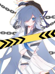 Rule 34 | 1girl, alternate costume, black hat, black thighhighs, blue hair, chain, closed mouth, fu hua, grey hair, hair over one eye, hat, highres, honkai (series), honkai impact 3rd, long sleeves, looking at viewer, object on head, shirt, simple background, sinka78035570, skirt, solo, stomach, thighhighs, white background, white shirt, white skirt