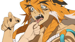 Rule 34 | 1boy, animal ears, barbed tongue, braid, brown hair, brown nails, disembodied hand, fangs, fingernails, green eyes, hair between eyes, hand up, highres, holding another&#039;s tongue, jssammy zhou, long hair, male focus, multicolored hair, open mouth, orange hair, original, sharp fingernails, sharp teeth, simple background, slit pupils, solo focus, streaked hair, sweat, teeth, thick eyebrows, tiger boy, tiger ears, tongue, tongue out, twin braids, upper body, white background, white hair