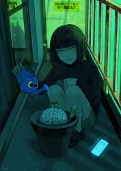 Rule 34 | 1girl, black footwear, black hair, blunt bangs, bob cut, brain, cellphone, fang, flower, highres, holding, holding watering can, looking at viewer, mole, mole under mouth, original, parted lips, phone, plant, potted plant, railing, shadow, shida 7, short hair, signature, slit pupils, smile, socks, solo, sprout, squatting, text messaging, watering can, white socks, yellow eyes