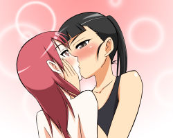 Rule 34 | 2girls, back, bad id, bad pixiv id, black hair, blush, eyepatch, grey eyes, hand on another&#039;s cheek, hand on another&#039;s face, kiss, long hair, minna-dietlinde wilcke, multiple girls, nude, ponytail, red eyes, red hair, sakamoto mio, sayu (mio-mosa), strike witches, swimsuit, world witches series, yuri