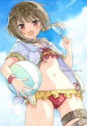 Rule 34 | 1girl, ball, beachball, belt, bikini, bikini skirt, black hair, cameltoe, day, food, frilled bikini, frills, from below, gluteal fold, highres, holding, holding ball, holding beachball, jacket, kono subarashii sekai ni shukufuku wo!, looking at viewer, megumin, navel, official alternate costume, open clothes, open jacket, open mouth, outdoors, popsicle, red bikini, red eyes, red wristband, short hair with long locks, sky, solo, sweet miuk tea, swimsuit, thigh belt, thigh strap, twitter username, white jacket, wristband