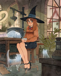 Rule 34 | 1girl, animal, black hat, blue skirt, book, bow, bowl, bowtie, brown hair, brown sweater, cat, cauldron, cork, glasses, hat, highres, holding, holding bowl, indoors, long hair, looking at viewer, making-of available, multiple cats, original, plant, potted plant, simz, sitting, skirt, solo, sweater, table, vest, vial, window, witch, witch hat, wizard hat
