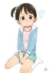 Rule 34 | !?, 1girl, :&lt;, between legs, blue jacket, blue shorts, body blush, brown eyes, brown hair, closed mouth, clothes writing, collarbone, dolphin shorts, dot nose, drawstring, furrowed brow, hair bobbles, hair ornament, hand between legs, heart, heart print, highres, hood, hood down, hooded jacket, ichigo mashimaro, itou chika, jacket, kneehighs, long sleeves, looking at viewer, no shoes, open clothes, open jacket, own hands together, pink shirt, polka dot, polka dot shorts, print shirt, satsuyo, shiny skin, shirt, short hair, shorts, side ponytail, signature, simple background, sitting, socks, solo, swept bangs, tareme, v-shaped eyebrows, v arms, wariza, white background, white socks