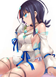 Rule 34 | 1girl, bare shoulders, blue eyes, blue ribbon, blush, breasts, collarbone, dress, fate/grand order, fate/requiem, fate (series), fundoshi, highres, japanese clothes, jewelry, long sleeves, looking to the side, magatama, magatama hair ornament, medium breasts, medium hair, multicolored hair, necklace, pelvic curtain, pink hair, puffy long sleeves, puffy sleeves, purple hair, ribbon, sen (astronomy), short dress, sideboob, sideless outfit, simple background, sitting, solo, streaked hair, thighs, utsumi erice, white background, white dress