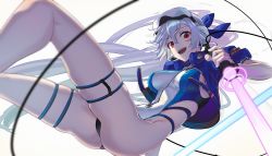 Rule 34 | 1girl, blue jacket, blue ribbon, breasts, competition swimsuit, cropped jacket, energy sword, fate/grand order, fate (series), hair ribbon, head-mounted display, jacket, jacket over swimsuit, lightsaber, one-piece swimsuit, open mouth, ponytail, red eyes, ribbon, sideboob, silver hair, simple background, solo, swimsuit, sword, tef, thigh strap, tomoe gozen (fate), tomoe gozen (swimsuit saber) (fate), tomoe gozen (swimsuit saber) (first ascension) (fate), weapon, white background