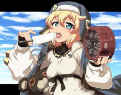 Rule 34 | 1boy, black border, black gloves, blonde hair, blue eyes, blue sky, blush, border, bridget (guilty gear), day, fingerless gloves, food, gloves, guilty gear, guilty gear strive, hase yu, hood, hoodie, lips, long sleeves, looking at viewer, male focus, open mouth, stuffed toy, popsicle, sexually suggestive, shirt, short hair, sky, solo, teeth, tongue, tongue out, trap, upper body, white shirt
