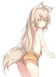 Rule 34 | 1girl, animal ears, bad id, bad pixiv id, bare shoulders, blonde hair, blush, bright pupils, fox ears, fox girl, fox tail, from behind, hair between eyes, highres, long hair, looking at viewer, naked overalls, original, otokuyou, overalls, simple background, solo, suspenders, tail, thick eyebrows, white background, yellow eyes, yoru (otokuyou)