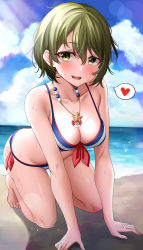 Rule 34 | 1girl, absurdres, all fours, beach, bikini, blush, breasts, cloud, collarbone, day, full body, green hair, highres, idolmaster, idolmaster shiny colors, jewelry, landel, large breasts, looking at viewer, nanakusa nichika, necklace, ocean, open mouth, outdoors, sand, short hair, smile, solo, star (symbol), striped bikini, striped clothes, swimsuit, teeth, upper teeth only, wet, yellow eyes
