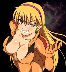 Rule 34 | 1990s (style), 1girl, ashijiru p, blonde hair, bodysuit, breasts, cleavage, covered erect nipples, downblouse, earrings, evil grin, evil smile, fang, grin, gundam, hairband, jewelry, katejina loos, large breasts, long hair, open bodysuit, open clothes, orange shirt, pilot suit, raised eyebrow, reaching, red eyes, retro artstyle, shirt, smile, smirk, solo, teeth, uneven eyes, victory gundam