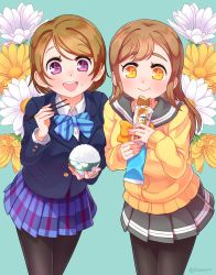 Rule 34 | 10s, 2girls, :d, aqua background, black legwear, blazer, blue bow, blue bowtie, bow, bowl, bowtie, bread, brown hair, cardigan, commentary request, dodapan, eating, floral background, food, food on face, highres, holding, holding bowl, holding food, in-franchise crossover, jacket, koizumi hanayo, kunikida hanamaru, long hair, long sleeves, looking at viewer, love live!, love live! school idol project, love live! sunshine!!, miniskirt, multiple girls, open mouth, pantyhose, pleated skirt, purple eyes, rice, rice bowl, rice on face, school uniform, serafuku, short hair, skirt, smile, sparkling eyes, striped bow, striped bowtie, striped clothes, striped neckwear, twitter username, yellow bow, yellow bowtie, yellow eyes