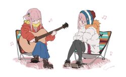 Rule 34 | 2girls, bocchi the rock!, camping chair, coat, crossover, gotoh hitori, guitar, highres, holding, holding instrument, instrument, kagamihara nadeshiko, multiple girls, music, musical note, pink hair, playing instrument, scarf, sitting, white background, winter clothes, yo na, yurucamp