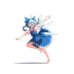 Rule 34 | 1girl, barefoot, blue bow, blue dress, blue hair, bow, cirno, closed eyes, commentary, detached wings, dress, english commentary, full body, hair bow, highres, ice, ice wings, ja moth, one eye closed, open mouth, outstretched arms, shirt, short hair, short sleeves, simple background, smile, solo, standing, standing on one leg, teeth, touhou, upper teeth only, white background, white shirt, wings