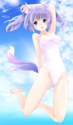 Rule 34 | 1girl, animal ears, arm up, armpits, bad id, bad pixiv id, bare shoulders, barefoot, blue eyes, blue sky, cat ears, cloud, day, full body, goggles, unworn goggles, kouma, looking at viewer, midair, one-piece swimsuit, open mouth, original, outdoors, purple hair, sky, solo, swimsuit, tail, tareme, twintails, white one-piece swimsuit