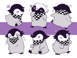 Rule 34 | 1boy, aberu514, animalization, bird, checkered clothes, checkered scarf, crying, danganronpa (series), danganronpa v3: killing harmony, fur, male focus, musical note, oma kokichi, penguin, purple eyes, scarf, short hair, sitting, solo, standing