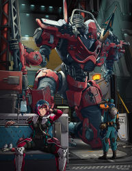 Rule 34 | 1boy, 1girl, absurdres, belt, black belt, black bodysuit, blood, blood on face, blue hair, blue jumpsuit, bodysuit, commentary, cordonazo monarch, damaged, english commentary, extra eyes, green eyes, gun, hand on own head, highres, holding, holding gun, holding weapon, jumpsuit, lancer rpg, mecha, missing limb, multicolored hair, on one knee, parted lips, peyton gee, pilot suit, pink hair, red eyes, robot, science, short hair, sitting, spread legs, streaked hair, weapon