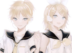 Rule 34 | 1boy, 1girl, :d, blonde hair, bow, brother and sister, collarbone, detached sleeves, grey eyes, hair bow, hair ornament, hairband, hairclip, headphones, hetero, holding hands, kagamine len, kagamine rin, looking at viewer, lpip, microphone, nail polish, neckerchief, necktie, open mouth, shirt, short hair, short sleeves, siblings, simple background, sleeveless, sleeveless shirt, smile, upper body, vocaloid, white background, white bow, white hairband, white shirt, yellow nails, yellow neckerchief