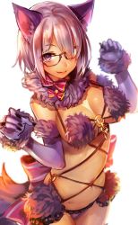Rule 34 | 1girl, animal ears, bow, breasts, cleavage, elbow gloves, fang, fate/grand order, fate (series), fur-trimmed gloves, fur collar, fur trim, glasses, gloves, hair over one eye, halloween, halloween costume, highres, large breasts, looking at viewer, mash kyrielight, mash kyrielight (dangerous beast), mokyu (kukoudesu), o-ring, o-ring top, official alternate costume, panties, purple eyes, purple hair, red bow, revealing clothes, short hair, smile, solo, underwear, wolf ears