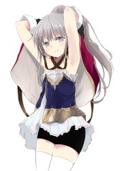 Rule 34 | 1girl, armpits, arms up, atelier (series), atelier meruru, atelier totori, black shorts, brown hair, cosplay, cowboy shot, female focus, grey eyes, hair ornament, highres, long hair, looking at viewer, maromi (am97), mimi houllier von schwarzlang, mimi houllier von schwarzlang (cosplay), shorts, silver hair, simple background, smile, solo, thighhighs, thighs, totooria helmold, very long hair, white background, white thighhighs