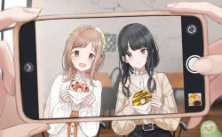 Rule 34 | 1other, 2girls, absurdres, black hair, blush, cafe, cellphone, deen (hnxp8555), doughnut, food, highres, holding, holding phone, idolmaster, idolmaster shiny colors, kazano hiori, light brown hair, long sleeves, looking at viewer, mole, mole under mouth, multiple girls, phone, fake phone screenshot, pov, pov hands, puffy long sleeves, puffy sleeves, sakuragi mano, sidelocks, sitting, smile, taking picture, viewfinder